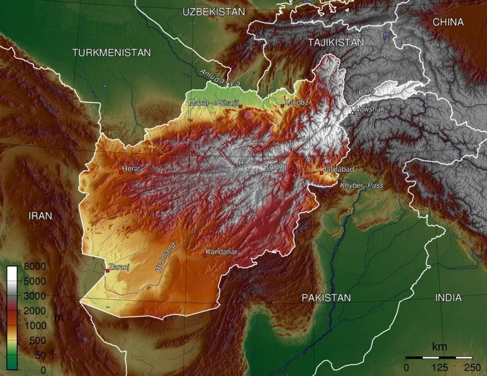 Carte représentant le relief de l'Afghanistan